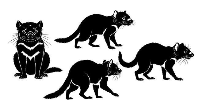 Silhouette designs of tasmanian devil in various poses on white background