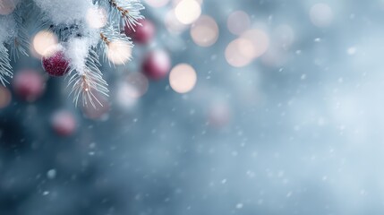 Christmas-themed background with snow-dusted fir branches, glowing ornaments, and soft festive bokeh lights