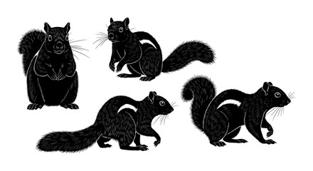 Obraz premium Intricate animal silhouettes: four black squirrels in lifelike poses