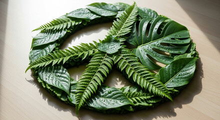 peace symbol made from fresh green leaves, clean eco-friendly look