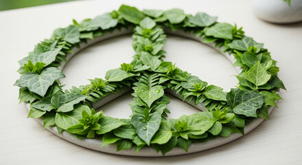 peace symbol made from fresh green leaves, clean eco-friendly look