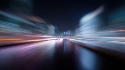 Abstract panoramic scene of neon light trails rushing through a modern city, fast data movement theme