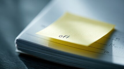 Sticky note marking day off on office calendar, close-up, workplace message