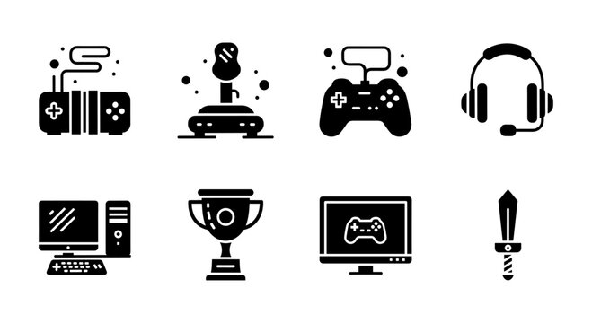 Retro and modern gaming icons set featuring consoles, controllers, and accessories in flat design - Powered by Adobe