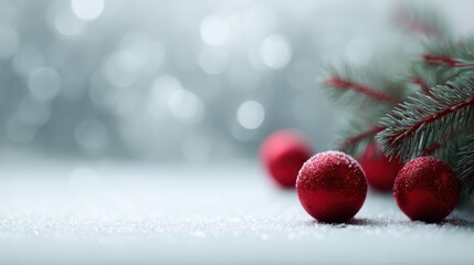 Christmas decorations with red baubles on green fir branches, snowy winter backdrop, festive holiday mood