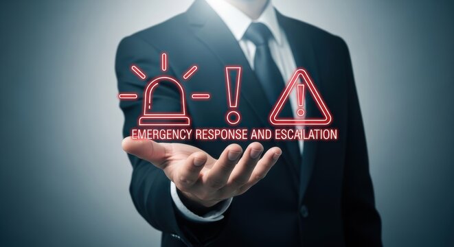 Businessman presents emergency response and escalation warning icons highlighting immediate action and risk communication in critical situations