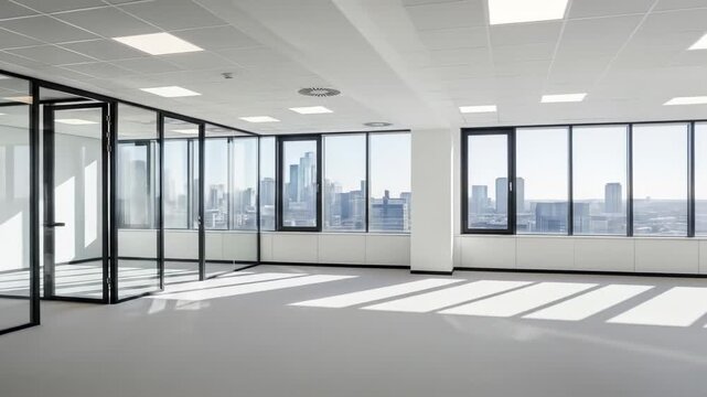Spacious empty office with large windows showcasing cityscape and bright lighting casting shadows on floor.