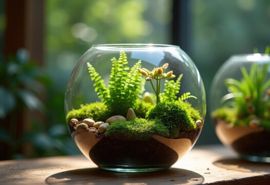 Unique Terrarium Miniature Habitat in Elegant Glass Container Vibrant Plant Life