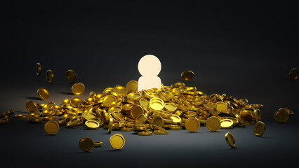 Figure Surrounded by Pile of Gold Coins 3D render