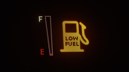 Low Fuel Warning Indicator on Car Dashboard 3D render