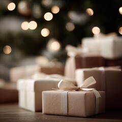 Christmas presents under decorated tree, warm indoor lighting, holiday celebration mood
