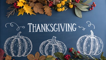 Thanksgiving chalk art with pumpkins and autumn leaves on a dark blue background