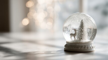 Snow globe with Christmas tree and deer inside, winter holiday decoration, soft bokeh background