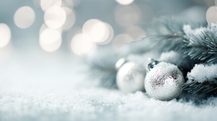 Snow-covered Christmas greenery paired with shining ornaments and blurred festive lights