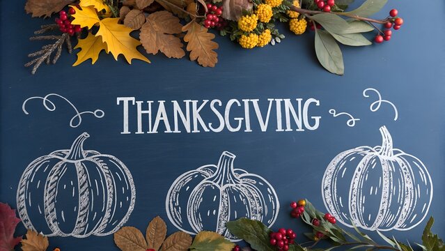 Thanksgiving chalk art with pumpkins and autumn leaves on a dark blue background - Powered by Adobe