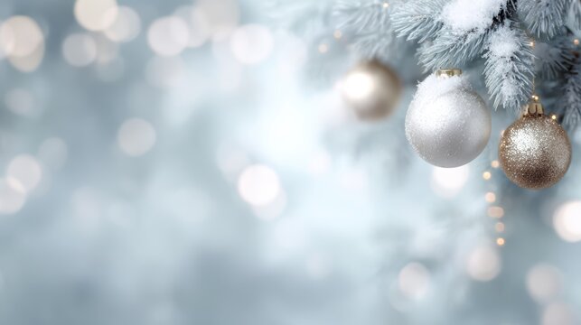 Christmas-themed background with snow-dusted fir branches, glowing ornaments, and soft festive bokeh lights