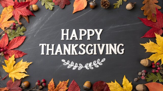 Happy thanksgiving text surrounded by a festive border of colorful autumn leaves and acorns on a dark background - Powered by Adobe