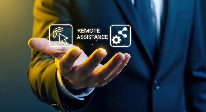 Hand presents remote assistance technology showcasing online collaboration solutions for business