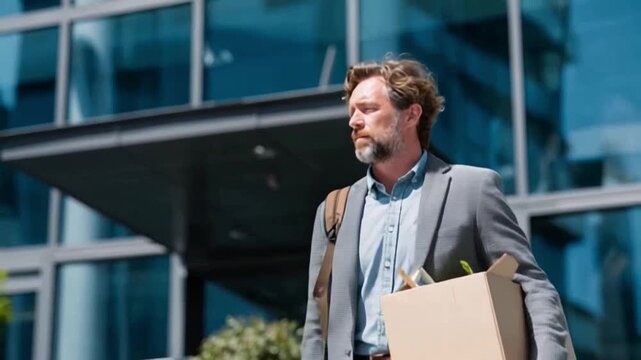 Downcast Departure: A dejected individual exits a modern building, clutching a box, the very embodiment of job loss or a difficult transition. 