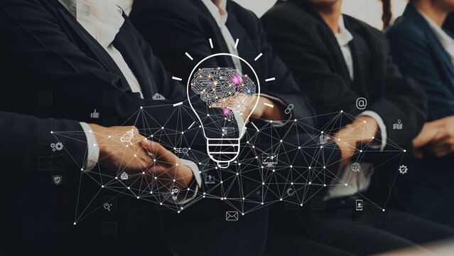 A modern business conference scene showcasing professionals with a light bulb symbol and digital icons, emphasizing innovation, creativity, and collaboration in a corporate setting. Raster