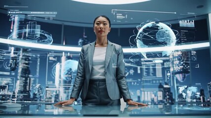 Professional woman interacting with hologram technology in futuristic office environment. Business setup features sleek design and advanced visual displays showcasing global data and maps. - Powered by Adobe