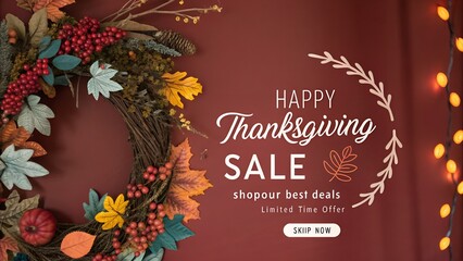 Happy thanksgiving sale with autumn wreath and twinkling lights on textured background