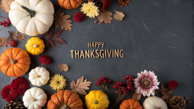 Happy thanksgiving greeting with decorative pumpkins gourds autumn leaves and flowers on a dark background