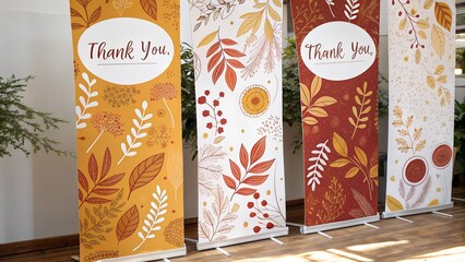 Four decorative thank you banners with autumnal floral leaf patterns in warm earthy tones