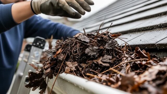 Gutter cleaning with leaves and debris being removed by person wearing gloves. Gutter cleaning includes clearing dirty leaves and ensuring water flow for home maintenance.
