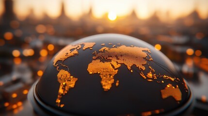 A world globe with golden continents sits in front of a blurred cityscape during sunset