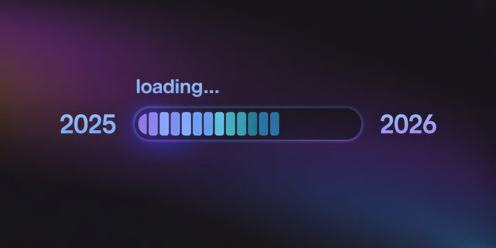 Loading bar illustration showing progress from 2025 to 2026 glowing neon style for technology and business concepts