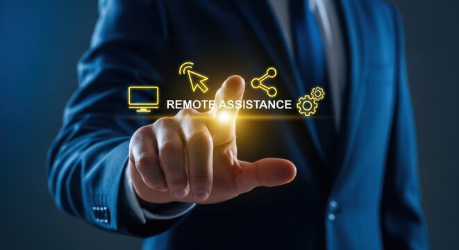 Man in suit activates remote assistance graphic display with computer share and settings icons for digital support