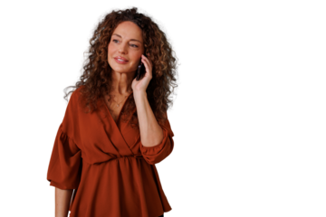 Woman using mobile phone, communicating and talking, staying connected on transparent background