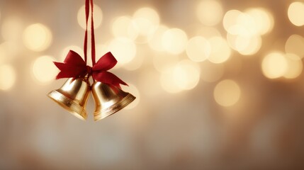 Shiny golden bells tied with red ribbon, illuminated by warm Christmas lights, festive background banner