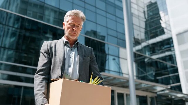 Dejected Departure: A somber moment captured as a dismissed individual, bearing the weight of job loss, carries a box from the office. This poignant scene embodies the raw emotion of unemployment.