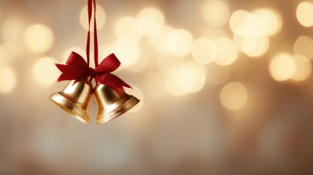 Shiny golden bells tied with red ribbon, illuminated by warm Christmas lights, festive background banner