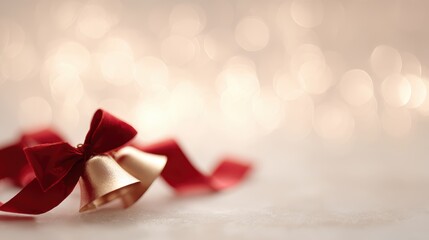 Red ribbon and golden Christmas bells with soft glowing bokeh lights, warm holiday ambiance