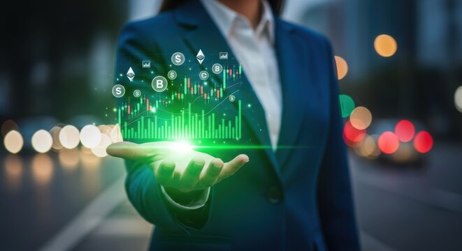 Financial graph on businesswoman hand shows business growth and success in trading and investment with cryptocurrency and stock market