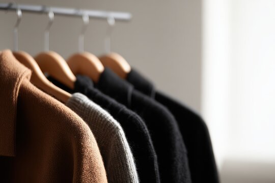 Clothing rack display featuring brown coat, knitwear, and black jacket in a clean fashion layout