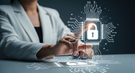 Digital security interface displays woman touching an online padlock for cybersecurity protection and encryption technology