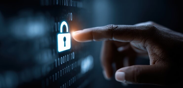 African American hand presses secure lock icon on digital screen indicating cybersecurity and data protection - Powered by Adobe