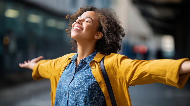 Person expressing joy through movement in urban area defocused city background dance freedom scene metropolitan celebration moment street happiness expression with copy space - Powered by Adobe
