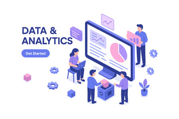 Obraz premium Isometric data analytics team with computer and charts in modern office setting