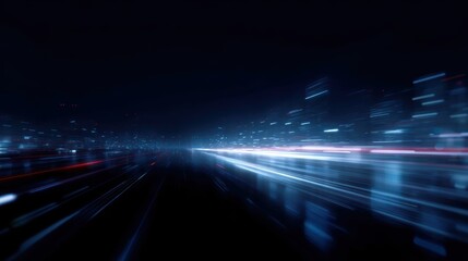 Rapid glowing lines streaming across an urban nightscape, advanced tech speed visualization