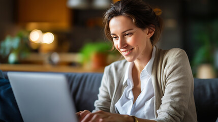 Individual using laptop while seated on couch defocused home surroundings relaxed workspace setup domestic professional environment comfortable work arrangement with copy