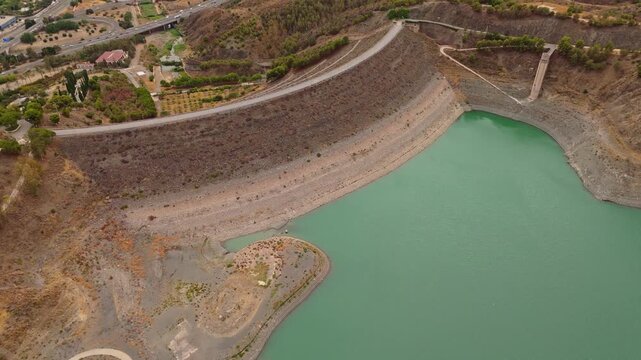 Ambient Drone Exploration at the El Limonero reservoir in Spain. The El Limonero reservoir is located in the municipality of Malaga and is fed by the Guadalmedina River. Presa de El Limonero.