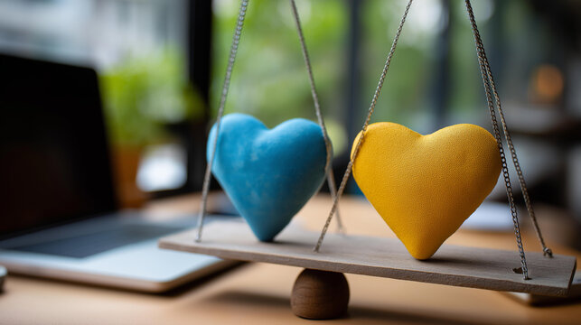 Seesaw featuring technology and heart symbol out of focus backdrop career emotion balance laptop love equilibrium professional personal harmony metaphor with copy space