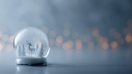 Holiday snow globe featuring a deer and snowy forest, warm glowing Christmas atmosphere, copy space