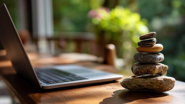 Stones laptop and furniture equilibrium concept defocused zen background pebble technology balance wellness workspace symbolism mindful professional scene with copy space