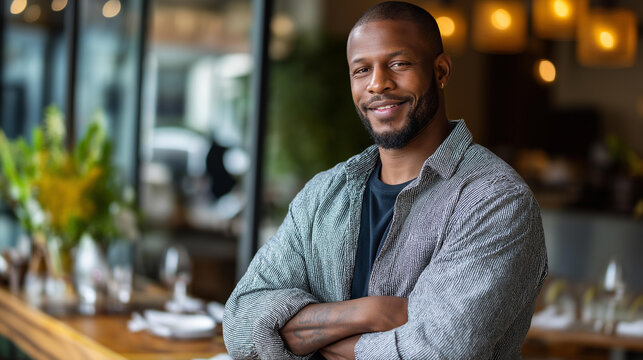 Established professional in casual dining space defocused cafe surroundings confident career scene relaxed work environment business lifestyle setting with copy space